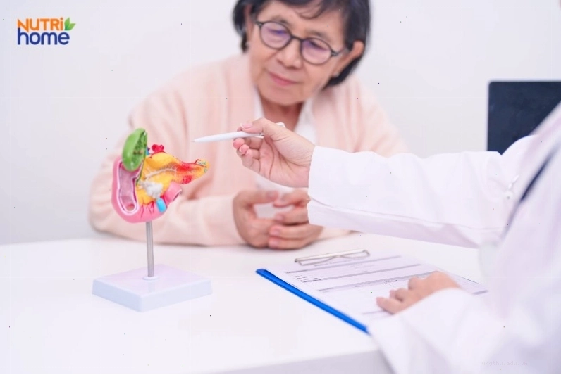 Bác sĩ tư vấn cho bệnh nhân lớn tuổi về mô hình giải phẫu túi mật và phương pháp điều trị.